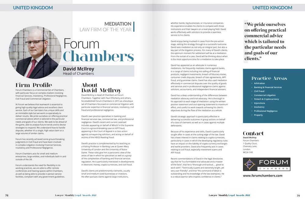 Lawyer Monthly Legal Awards 2022 Forum Chambers article